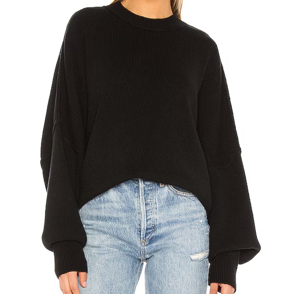Free People Black Ribbed Balloon Sleeve Sweater